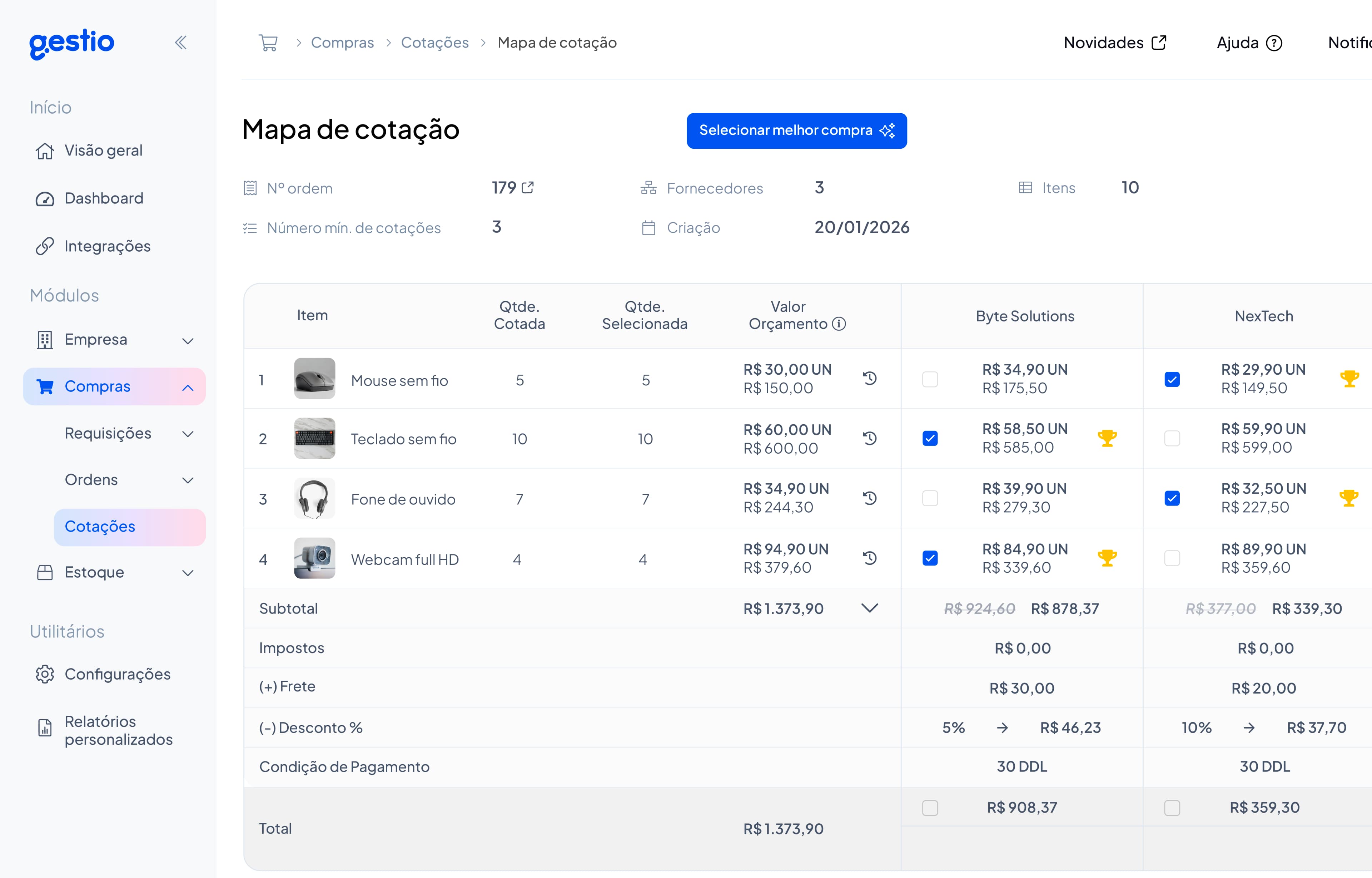 Mapa de cotação da Gestio comparando as propostas de Byte Solutions e NexTech para os itens cotados, com preço unitário, preço total, impostos, frete, desconto e condição de pagamento.