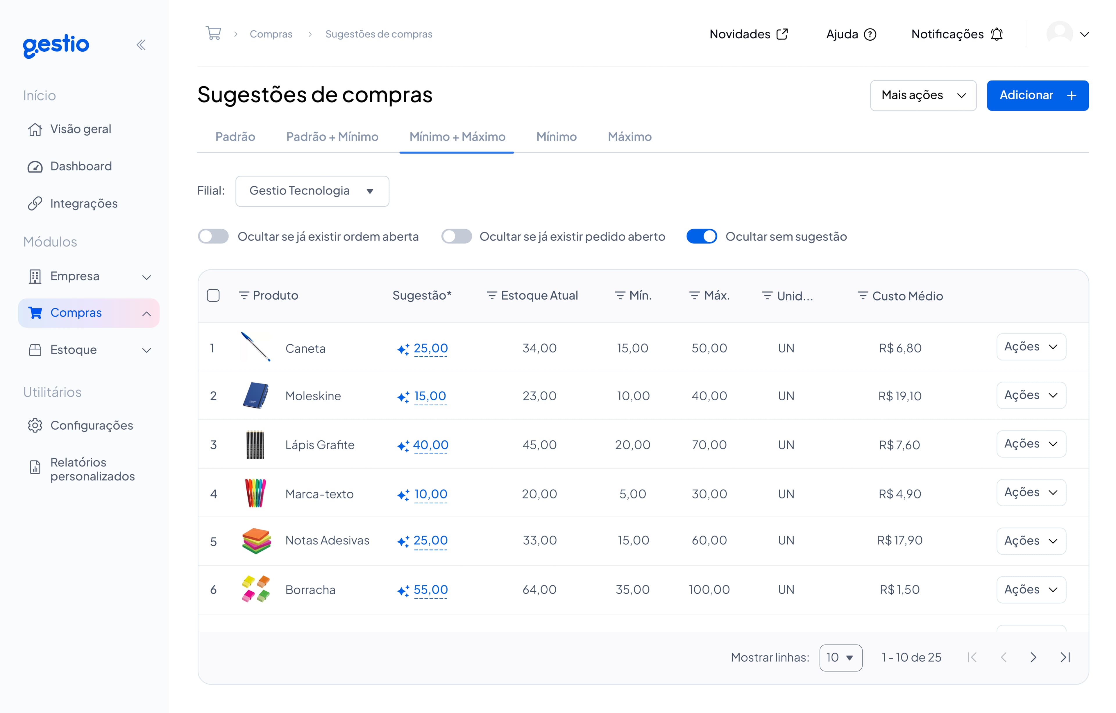 Dashboard Gestio - Controle de Estoque